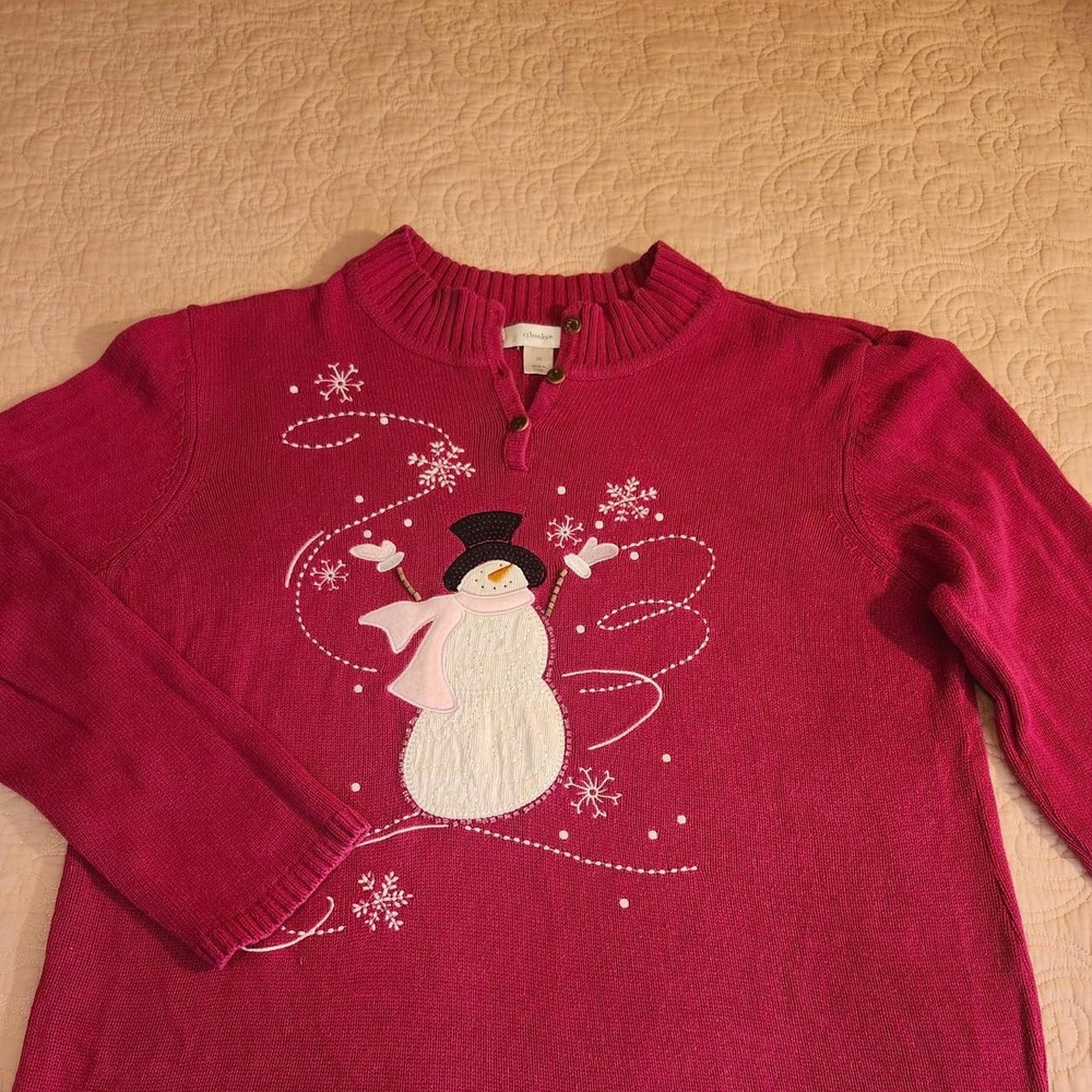 CJ Banks Vintage Magenta Snowman Sweater Pink Henley Knit Y2K Grandmacore 2X